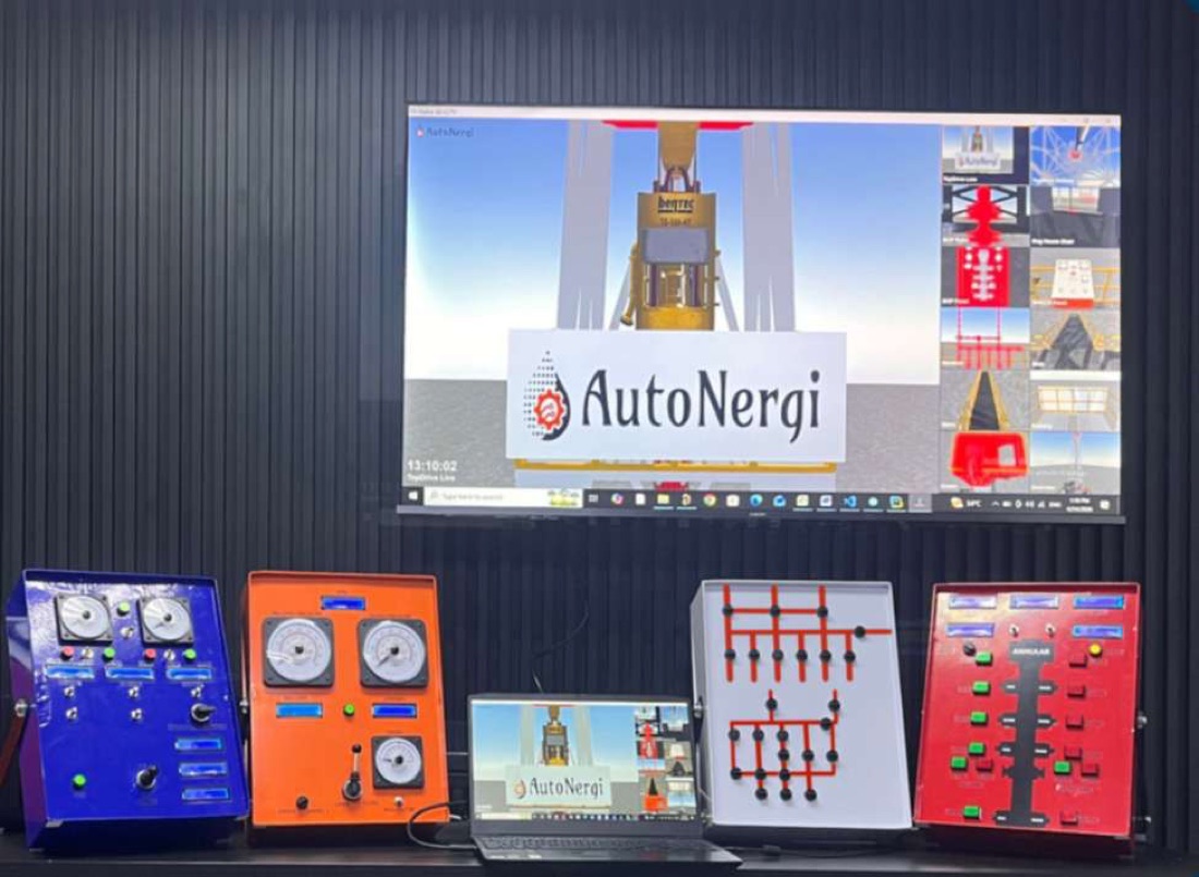 The full Hydra panel line-up — blue Driller Panel, orange Remote Choke Panel, manifold and red BOP control panels arranged in front of the 3D rig view on a wall display