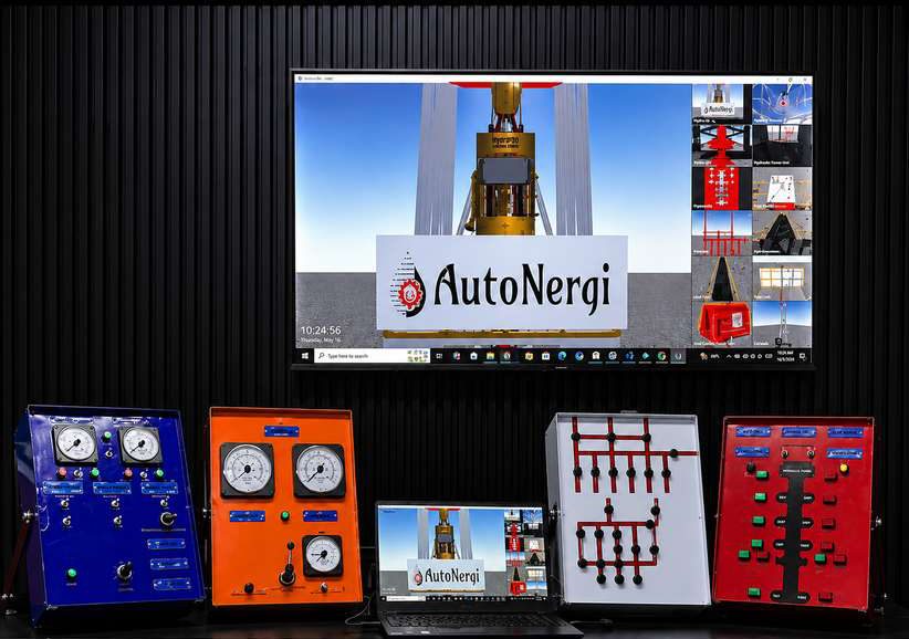 A Hydra-40 full-featured system — a large 3D rig-visualization screen above a full bench of blue, orange, white and red well-control and choke panels with an operator laptop